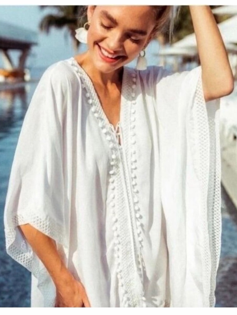 White Pom-Trim Beach Cover-Up Kaftan